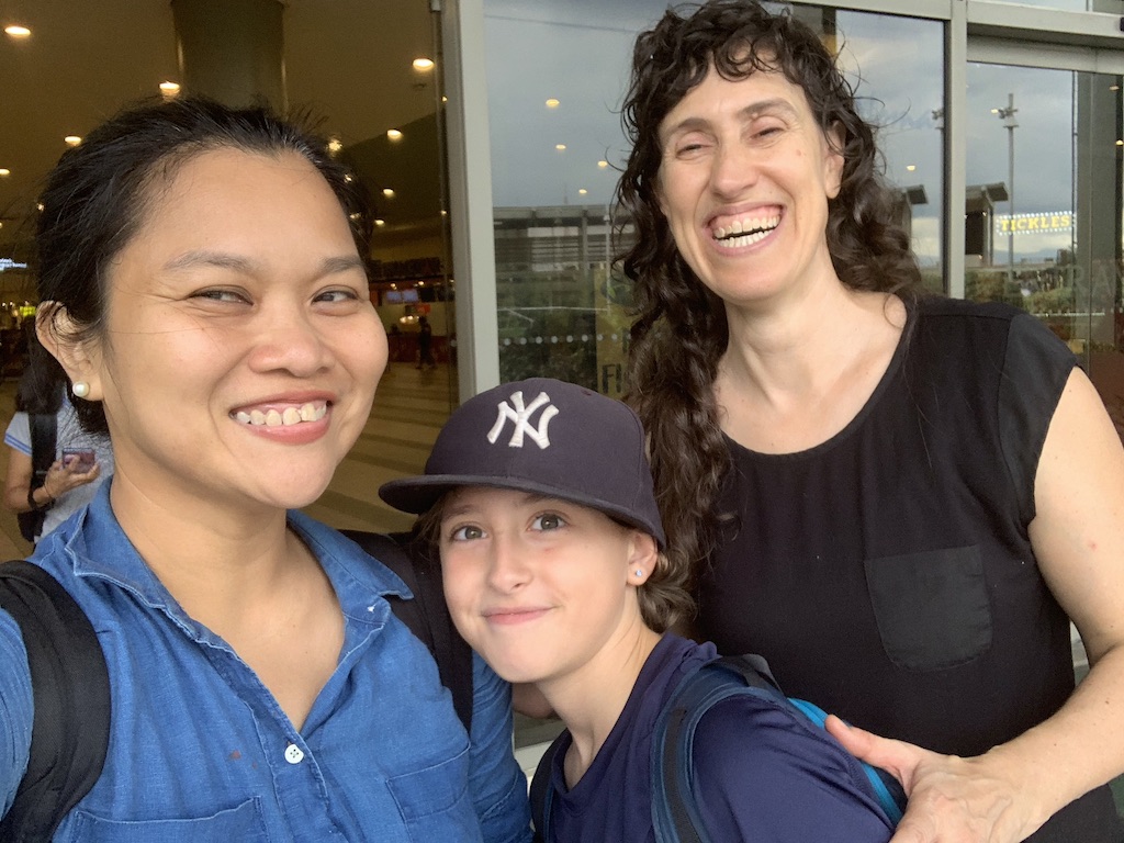 Dr. Karen Miller (at right) with her son, Oscar Miller, and Professor Sarah Raymundo who served as a Fulbright Scholar-In-Residence at LaGuardia Community College in 2017-2018