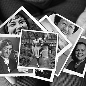 A collage black and white photos of women