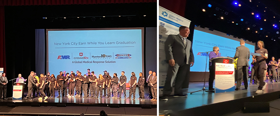 collage: group of graduates on stage and student receiving diploma