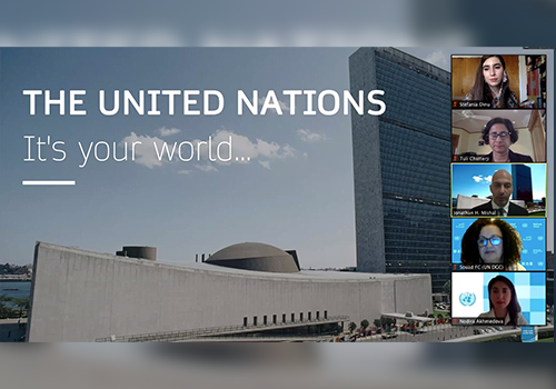 Zoom screenshot showing the UN Headquarters