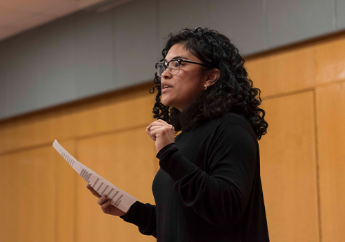 Woman lecturer giving speech