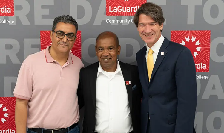 (From left to right): Dr. Abderrazak Belkharraz Idrissi, Chair of the MEC Department; Rudhra (Rudy) Meangru, MEC Lecturer; and President Kenneth Adams.
