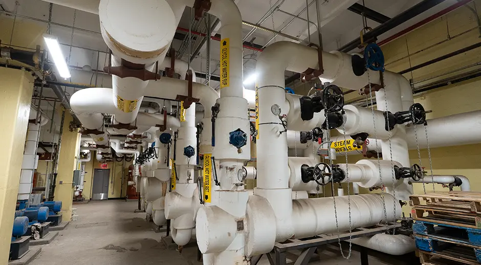 C Building Heat ExchangersHeat exchangers are a critical component in heating, ventilation, and air conditioning (HVAC) systems. Building Operations ensures the continuous operation of all campus heating systems to regulate building temperatures, reduce energy consumption, and improve air quality.